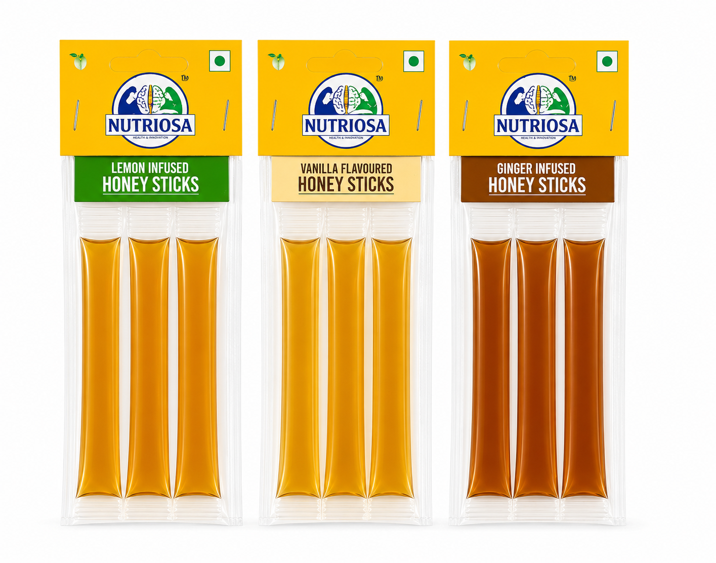 Assorted Flavoured Honey Sticks (Lemon, Vanilla & Ginger) 8g Each, Pack of 9