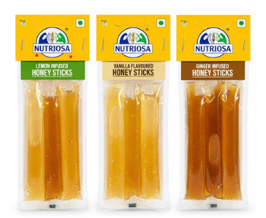 Assorted Flavoured Honey Sticks (Lemon, Vanilla & Ginger) 8g Each, Pack of 9